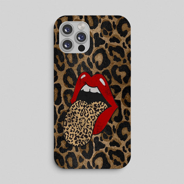 Phone case with leopard print and red lips design on a gray background
