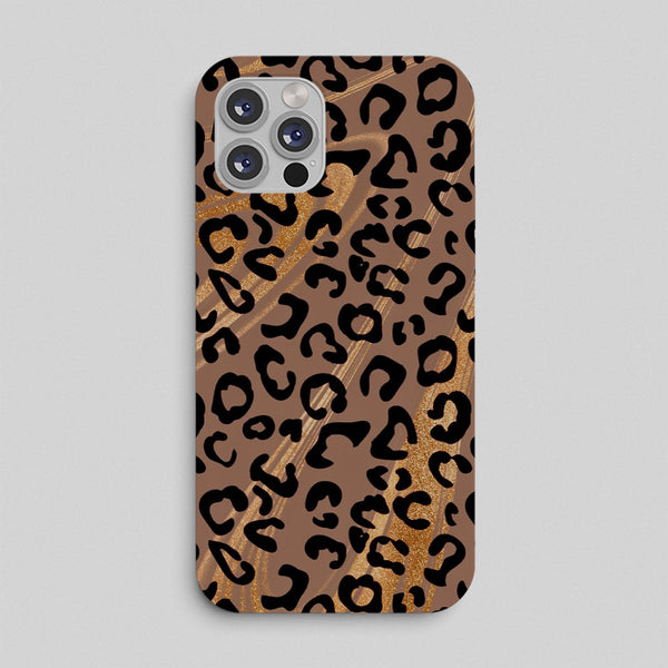 Phone case with leopard print design on a gray background