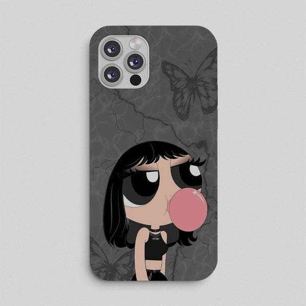 Phone case with cartoon character blowing a bubble gum on a gray background
