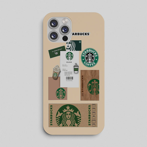Phone case with Starbucks branding and design elements on a beige backkground by bunny store 