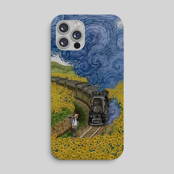Phone case with a design of a train and person in a field of flowers, inspired by Van Gogh's 'Starry Night'. by bunny store