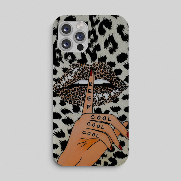 Phone case with leopard print and hand illustration saying 'Keep it cool cool cool'.