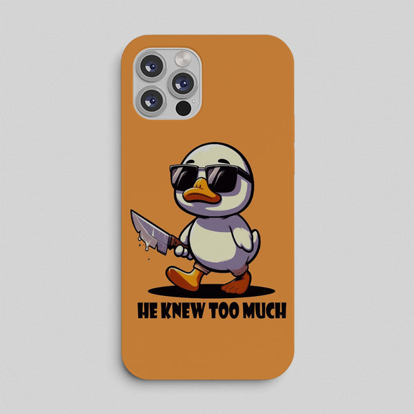 Phone case with a cartoon penguin holding a knife and sunglasses on an orange background
