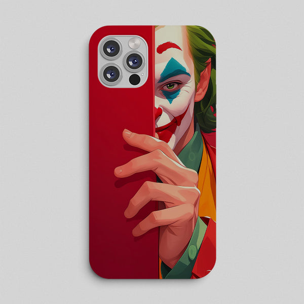 Phone case with a colorful design of the joker character's face and hand on a red background