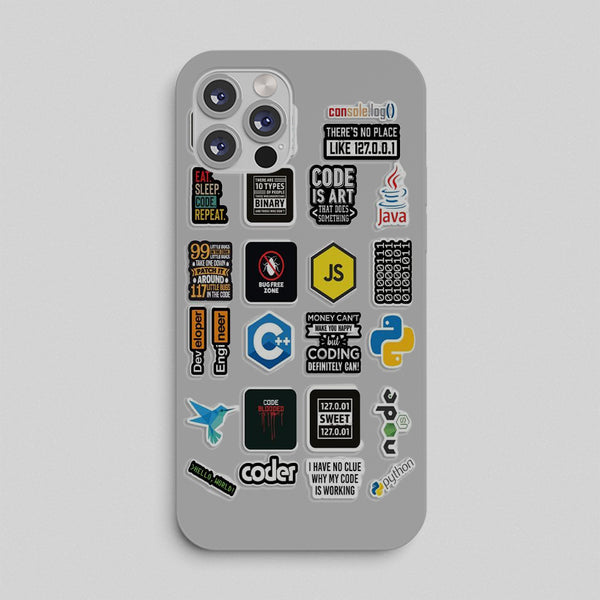 Phone case with various coding-themed stickers on a gray background