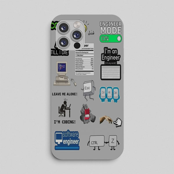 Phone case with various computer-themed stickers on a gray background