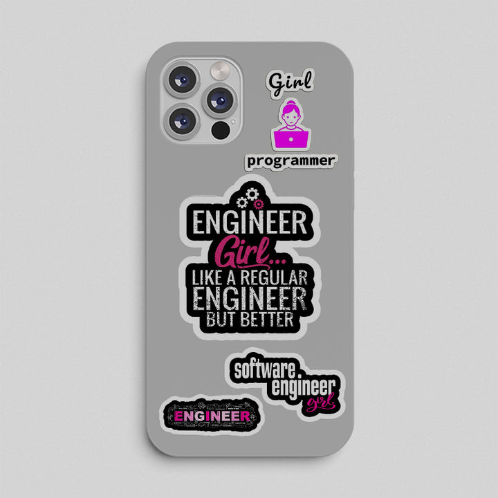 Phone case with 'Girl Programmer' and 'Engineer Girl' text design on a gray background