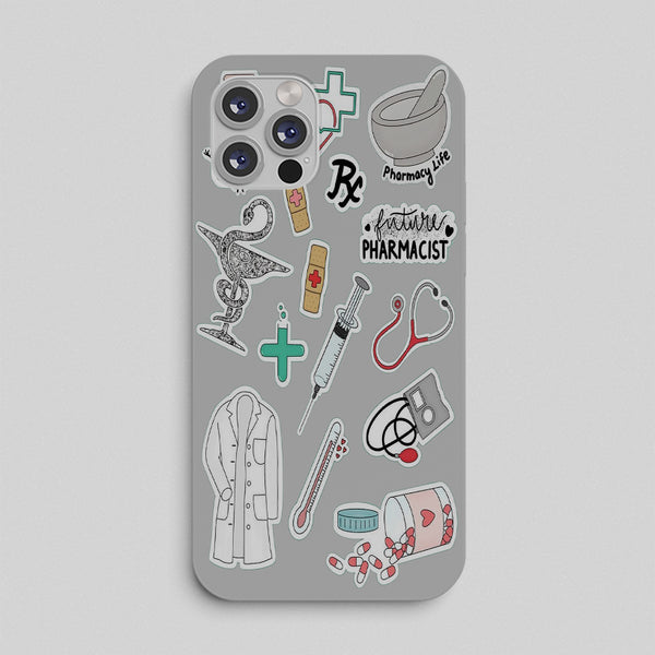 Phone case with medical-themed stickers on a gray background pharmacutical 