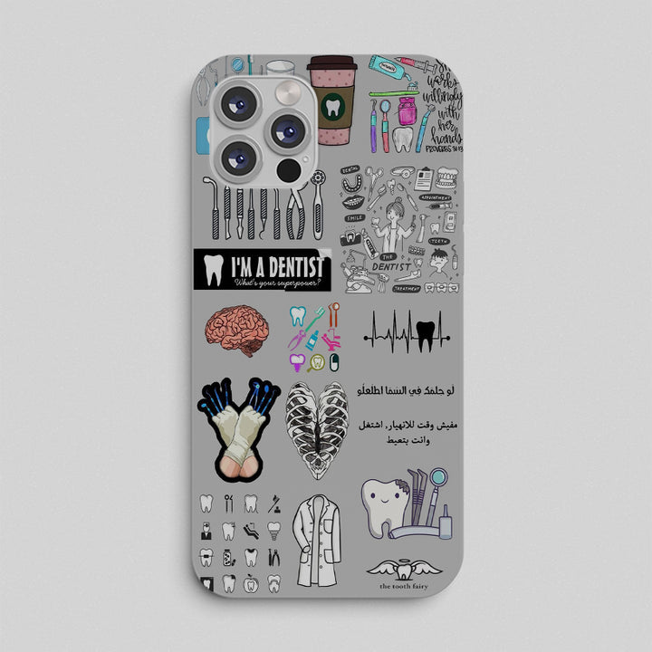 Phone case with dental-themed illustrations on a gray background