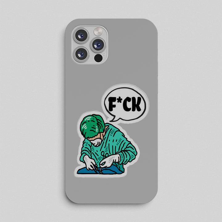 Phone case with a graphic design of a person in a green hoodie and a speech bubble with 'F*CK' on a gray background.