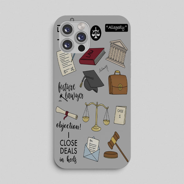Phone case with lawyer-themed illustrations and text on a gray background