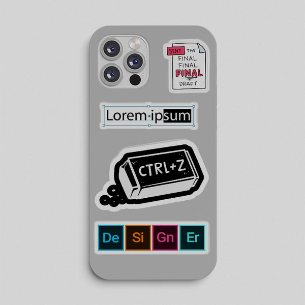 Gray phone case with text and design elements on a light gray background control+z lorem ipsum graphic designer phone case