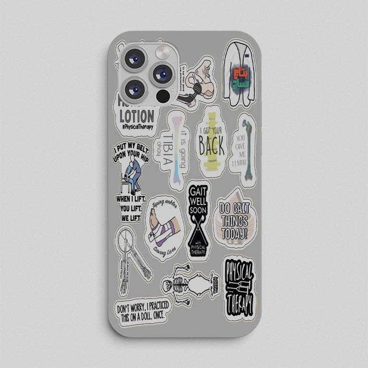 Phone case with various therapy and bones  stickers on a gray background