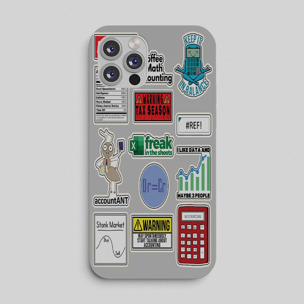 Phone case with various accounting and excell stickers on a gray background
