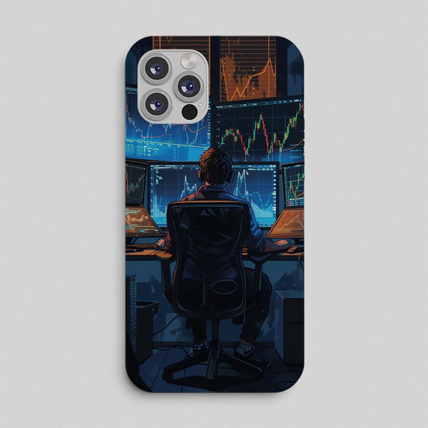 Phone case with a design of a person working at a desk with multiple monitors displaying financial charts.