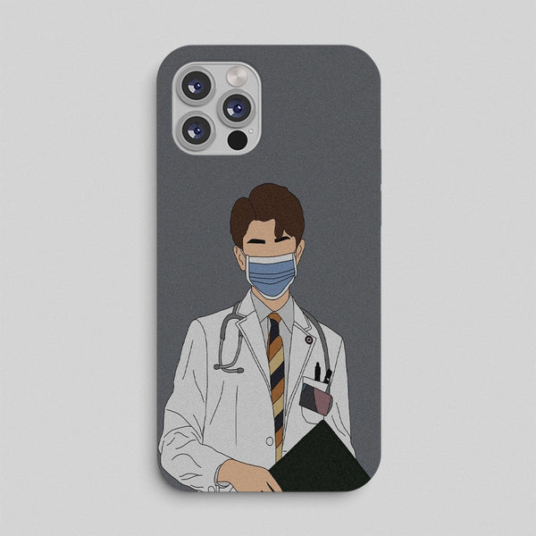 Phone case with illustration of a doctor wearing a face mask on a gray background
