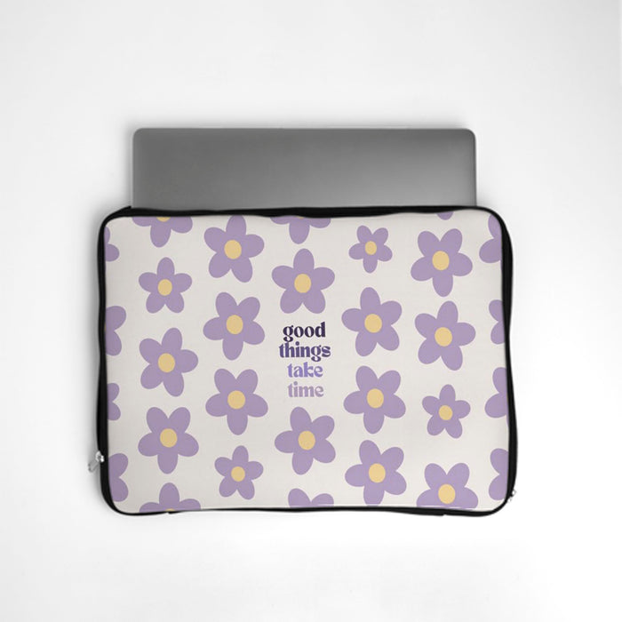 Good Things Take Time Laptop Sleeve with lilac daisies and a small quote on cream