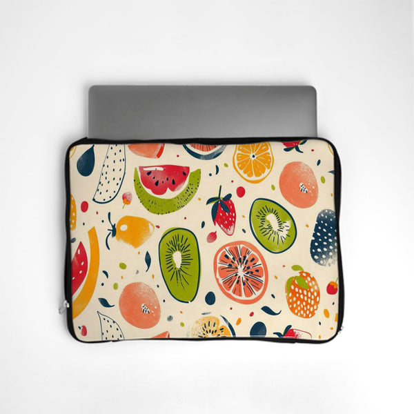 Laptop sleeve with colorful fruit pattern on a white background bunny store