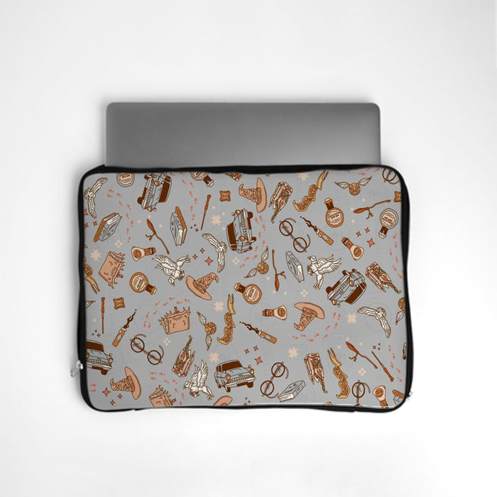 Harry Potter Laptop Sleeve with grey wizard icon pattern: glasses, wands, potions and keys