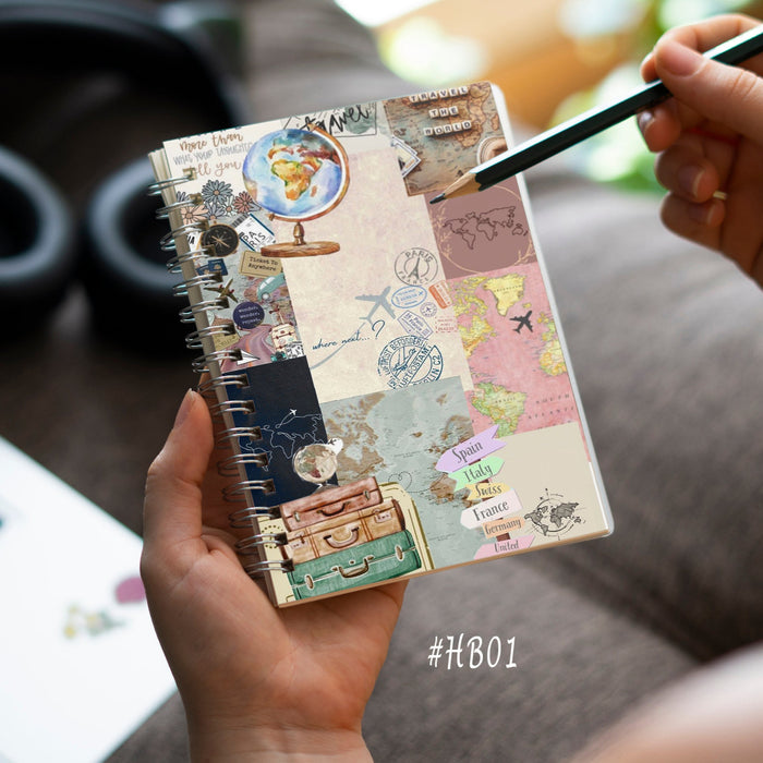 World Travel Collage Notebook, spiral notebook with vintage maps, globe and suitcase collage