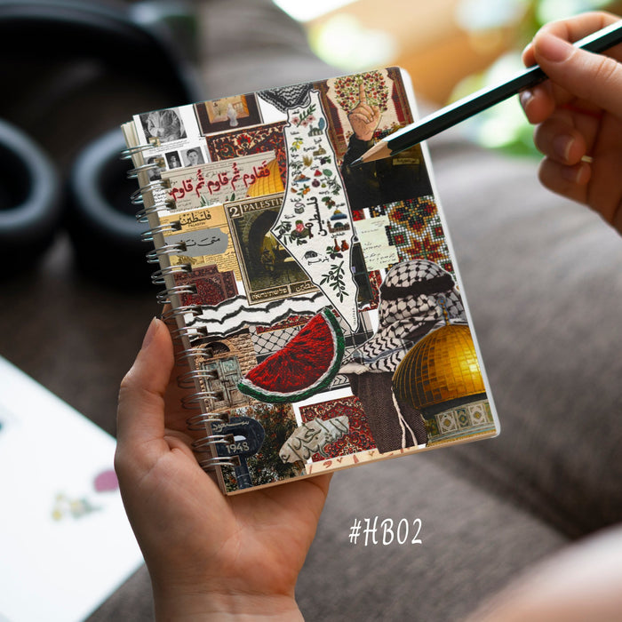 Palestinian Heritage Notebook, spiral collage notebook with keffiyeh, watermelon and Dome of the Rock