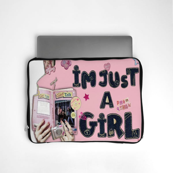 Pink laptop sleeve with 'I'm Just a Girl' text and 'Girl Talk' graphic on a white background bunny store