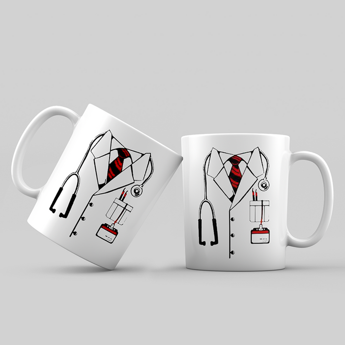 The Doctor Mug with a white doctor's coat, stethoscope and red tie line drawing