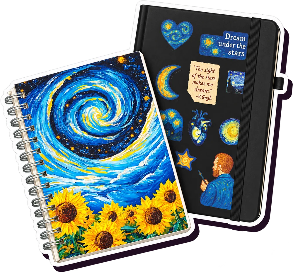 Bunny notebooks: spiral hard cover and black rubber notebook with Van Gogh stickers