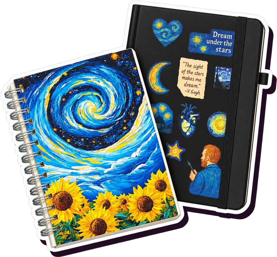 Bunny notebooks: spiral hard cover and black rubber notebook with Van Gogh stickers