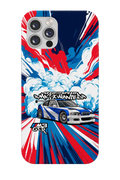 Printed phone case with a red and blue racing car design