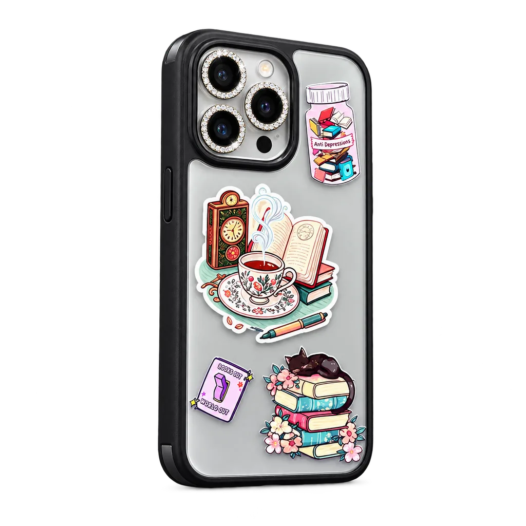 Premium phone case with book and coffee stickers
