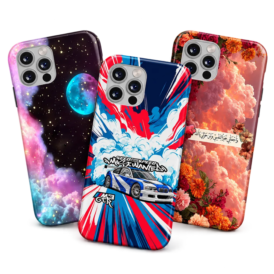 Three printed phone cases fanned out
