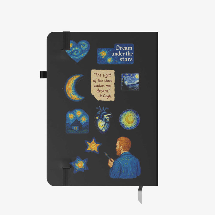 Black notebook with Van Gogh-themed illustrations and text on a white background