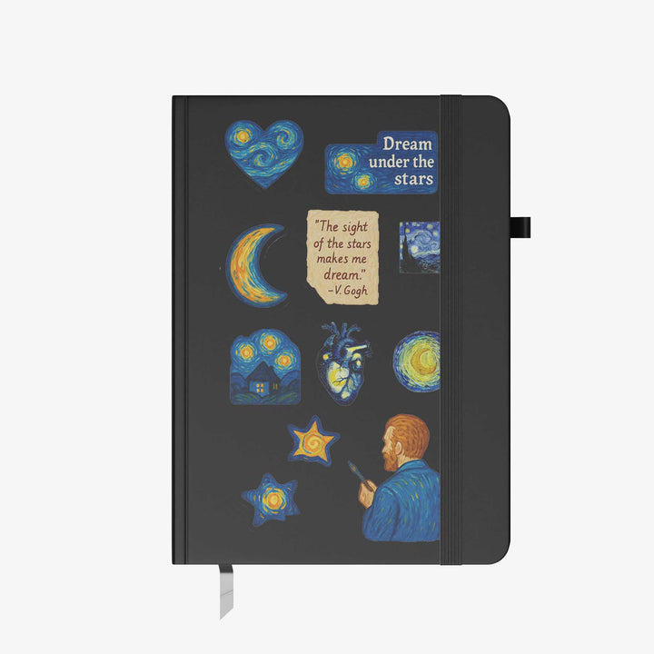 Hardcover notebook with Van Gogh Starry Night themed stickers, star and moon illustrations, and an inspirational quote on a black cover