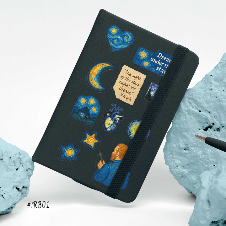 Hardcover notebook with Van Gogh Starry Night themed stickers, star and moon illustrations, and an inspirational quote on a black cover