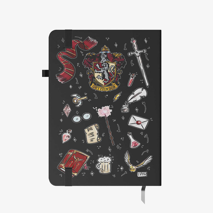 Hardcover notebook with Gryffindor crest and Harry Potter inspired doodles on a black cover, including scarf, wand, glasses, and magical items

