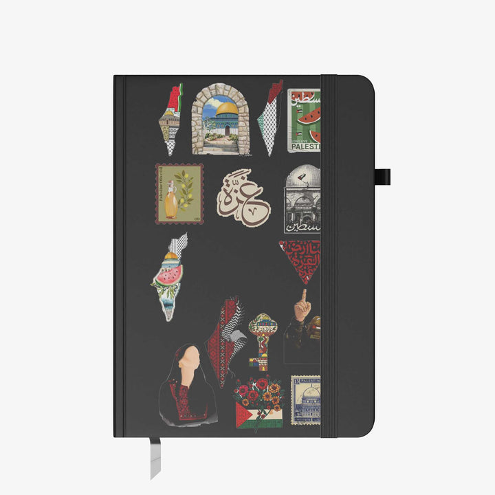 Hardcover notebook with black cover decorated in Palestine-themed stickers, maps, Arabic calligraphy, landmarks, and cultural symbols
bunny store
