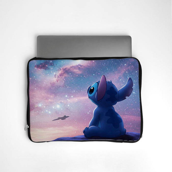 Galaxy Stitch Laptop Sleeve – Cosmic Night with Stitch gazing at a purple starry sky