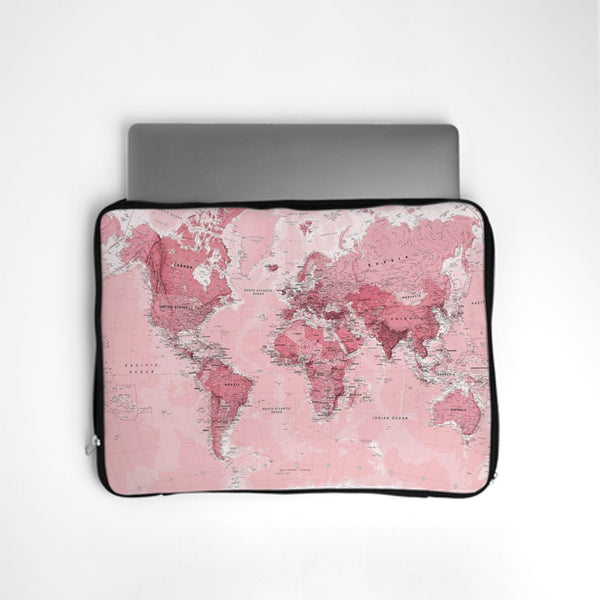Laptop sleeve with pink world map design on a white background bunny store