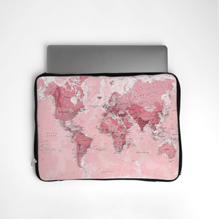 Pink World Map Laptop Sleeve with a detailed blush pink map of the world
